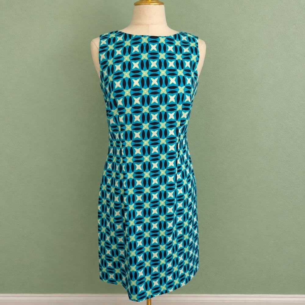 Unknown Brand Geometric Sheath Dress Women Size Small Blue Green Sleeveless